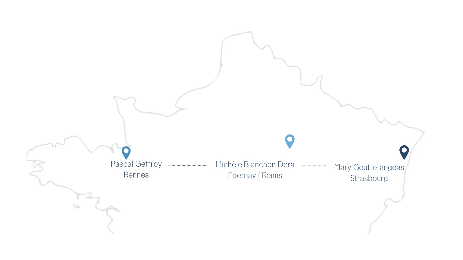 Carte de France indiquant les implantations de l’équipe : Pascal Geffroy à Rennes, Michèle Blanchon Dera à Épernay / Reims, Mary Gouttefangeas à Strasbourg.